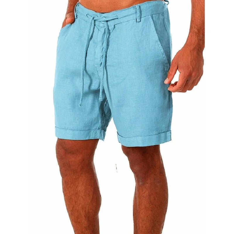 Bermuda Masculina de Linho Pure da Oron Store em fundo branco. Modelo casual disponível nas cores bege, branco, preto, cinza, azul e azul claro. Bermuda leve para verão 2025, confeccionada em linho e algodão com caimento confortável. Design moderno com cintura média e ajuste perfeito para adultos. Roupa masculina ideal para dias quentes, passeios ou looks urbanos.