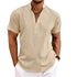 Camiseta Masculina de Linho Noble da Oron Store em fundo branco. Modelo casual para adultos, disponível nas cores branco, bege e azul. Confeccionada em tecido misto de linho e algodão com decote em V e mangas curtas. Ideal para o verão 2025, com caimento leve, toque suave e estilo moderno. Roupa masculina confortável e elegante, perfeita para dias quentes.