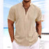 Camiseta Masculina de Linho Noble da Oron Store em fundo branco. Modelo casual para adultos, disponível nas cores branco, bege e azul. Confeccionada em tecido misto de linho e algodão com decote em V e mangas curtas. Ideal para o verão 2025, com caimento leve, toque suave e estilo moderno. Roupa masculina confortável e elegante, perfeita para dias quentes.