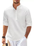 imagem da Camiseta Masculina de Linho Valor da Oron Store em fundo branco. Modelo disponível nas cores bege, branco, preto, azul, cinza e cinza escuro. Camiseta casual com tecido leve e respirável de linho e algodão, ideal para o verão 2025. Roupa masculina versátil, com caimento moderno e design elegante. Disponível nos tamanhos PP ao G3.