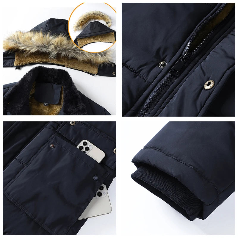 Jaqueta Masculina Forrada Artic da Oron Store em fundo branco. Jaqueta de inverno 2025 com tecido térmico em poliéster e lã, ideal para dias frios. Modelo com capuz, mangas longas e bolsos frontais, disponível nas cores azul e preto, nos tamanhos P ao G2. Roupa de frio masculina para adultos com design funcional e moderno.