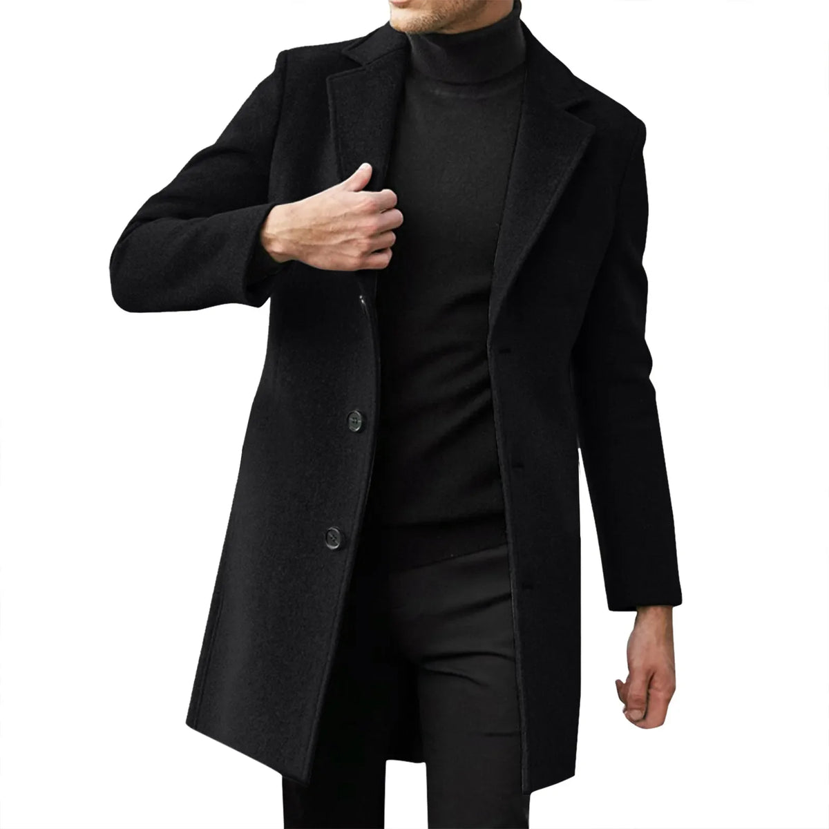 sobretudo Masculino Majesty, exibido em fundo branco. Casaco longo para inverno 2025, confeccionado em tecido térmico de alta qualidade. Design clássico e elegante, ideal para looks urbanos ou sociais. Disponível nas cores preto, cinza, azul, vinho, bege, verde e cinza escuro, nos tamanhos P ao G1. Moda masculina outono/inverno, sobretudo estiloso e confortável.