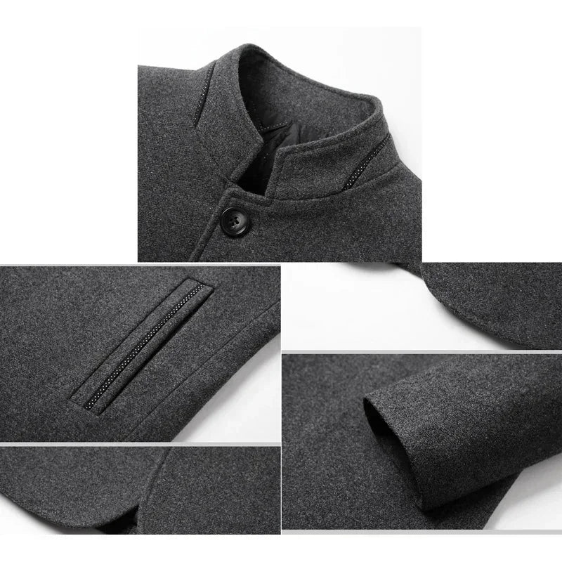 Sobretudo Masculino Invictus exibido em fundo branco, modelo com corte clássico e tecido térmico ideal para o inverno 2025. Casaco longo com mangas compridas, disponível nas cores cinza, vinho e preto, nos tamanhos P ao G1. Roupa de frio masculina elegante e confortável, perfeita para o uso urbano e social. Moda masculina de inverno com acabamento sofisticado e toque moderno.