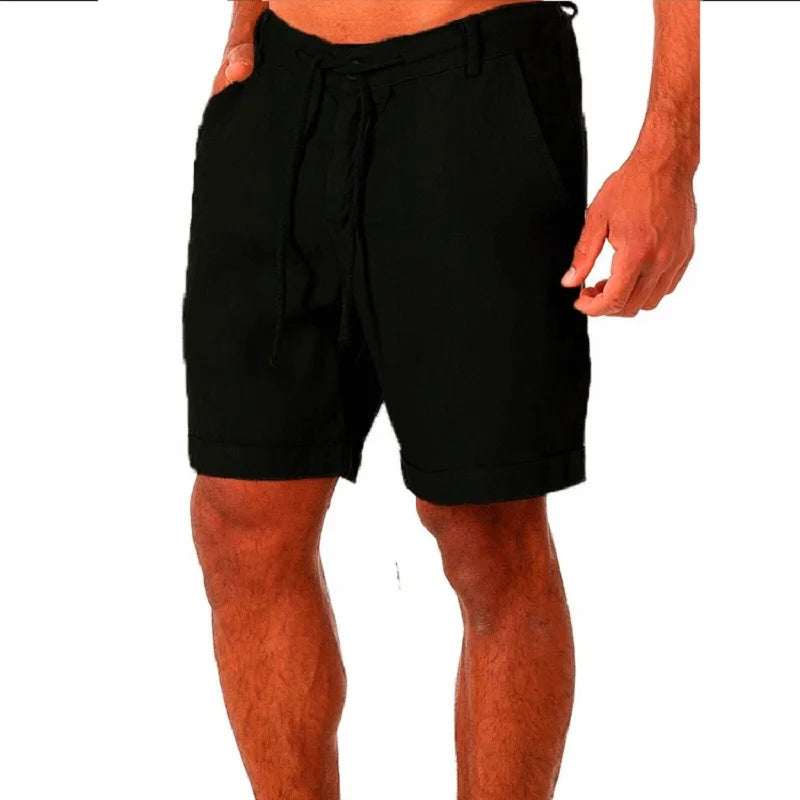Bermuda Masculina de Linho Pure da Oron Store em fundo branco. Modelo casual disponível nas cores bege, branco, preto, cinza, azul e azul claro. Bermuda leve para verão 2025, confeccionada em linho e algodão com caimento confortável. Design moderno com cintura média e ajuste perfeito para adultos. Roupa masculina ideal para dias quentes, passeios ou looks urbanos.