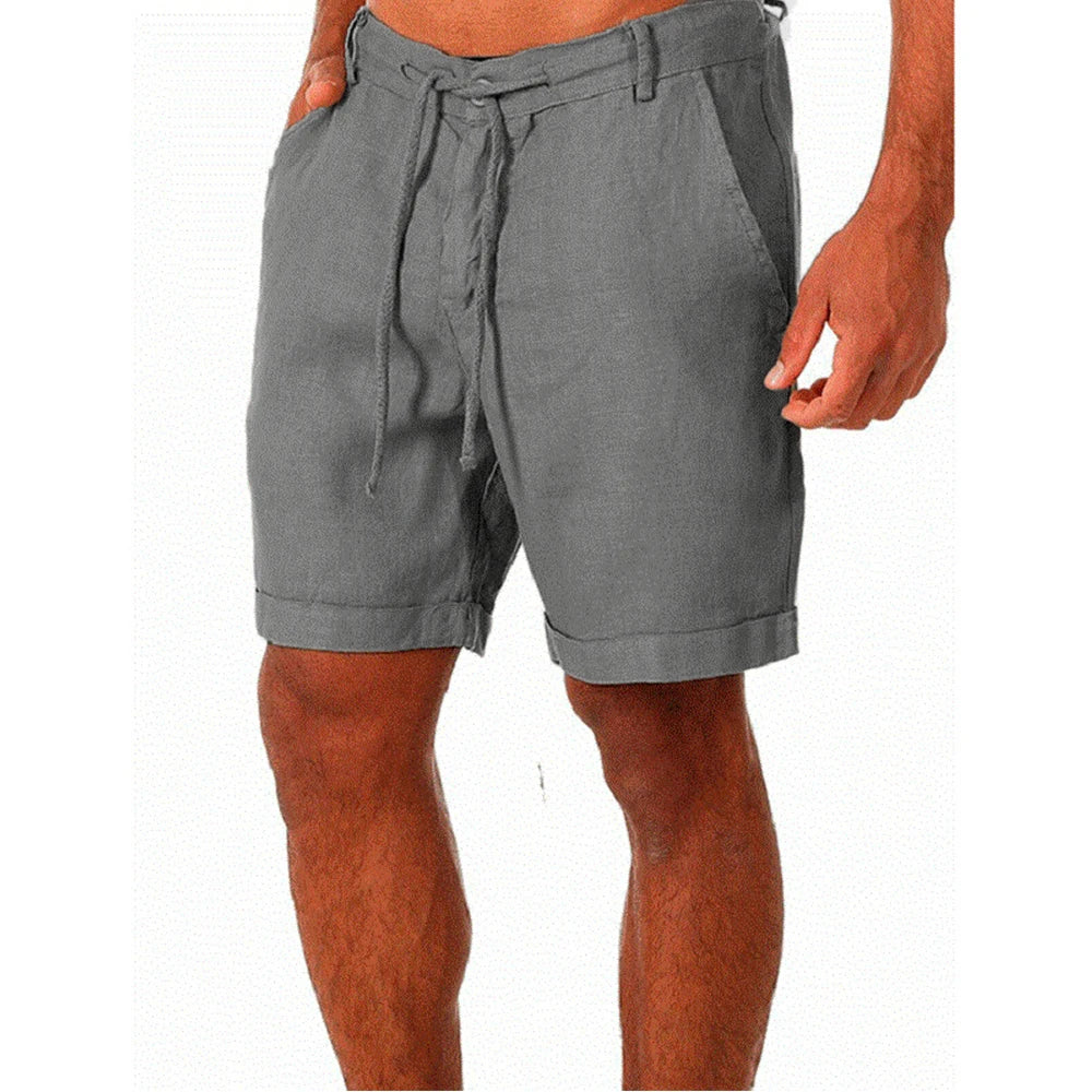 Bermuda Masculina de Linho Pure da Oron Store em fundo branco. Modelo casual disponível nas cores bege, branco, preto, cinza, azul e azul claro. Bermuda leve para verão 2025, confeccionada em linho e algodão com caimento confortável. Design moderno com cintura média e ajuste perfeito para adultos. Roupa masculina ideal para dias quentes, passeios ou looks urbanos.