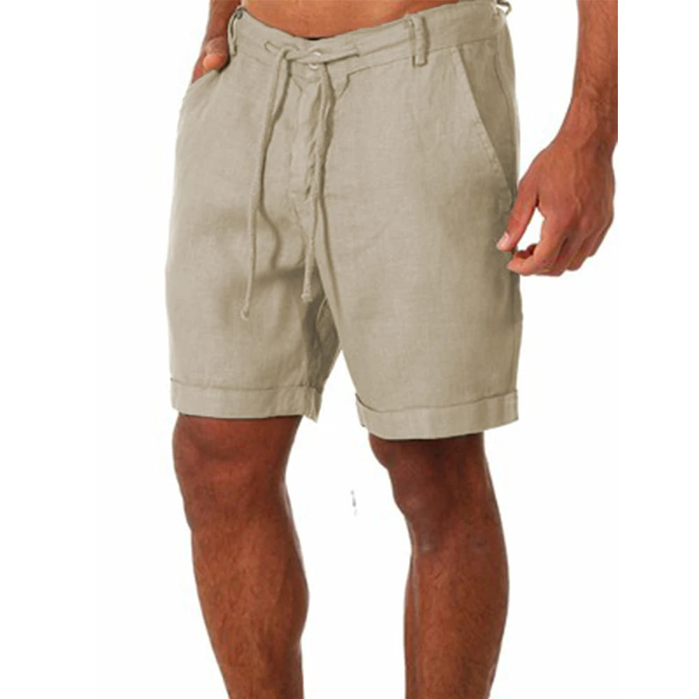 Bermuda Masculina de Linho Pure da Oron Store em fundo branco. Modelo casual disponível nas cores bege, branco, preto, cinza, azul e azul claro. Bermuda leve para verão 2025, confeccionada em linho e algodão com caimento confortável. Design moderno com cintura média e ajuste perfeito para adultos. Roupa masculina ideal para dias quentes, passeios ou looks urbanos.